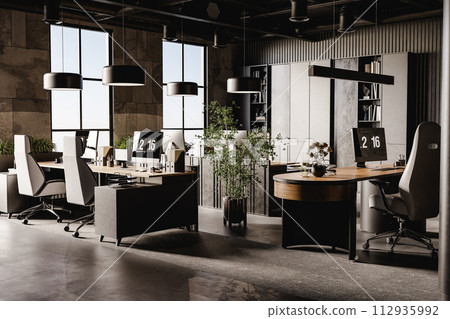 3D render of empty modern office with computers and furniture 112935992
