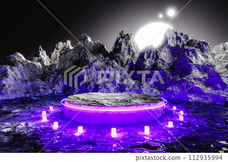 Mountain formation with rising sun and water 112935994