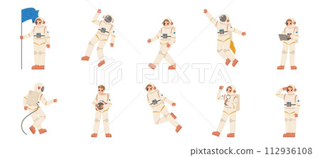 Astronaut characters. Astronauts different poses, cartoon cosmonauts working. Space and universe exploration, spacemen in suits snugly vector set Astronaut characters. Astronauts different poses, cartoon cosmonauts working. Space and universe exploration, spacemen in suits snugly vector set 112936108