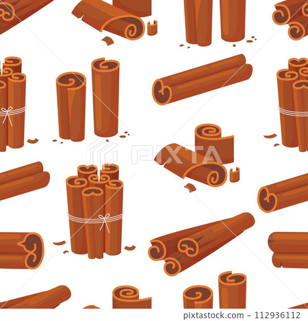 Cinnamon seamless pattern. Spices sticks, culinary organic elements. Isolated cinnamons printable design for fabric or wrapping, neoteric vector background 112936112