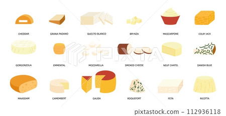 Cheese collection. Different cheeses placard, dairy farm products. Fresh tasty curd food, italian french cuisine ingredients. Isolated decent vector clipart 112936118