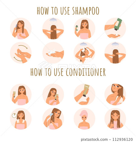 Cartoon girl caring hair. Using shampoo and conditioner step by step instructions. Head health, daily routine beauty procedures, snugly vector set 112936120