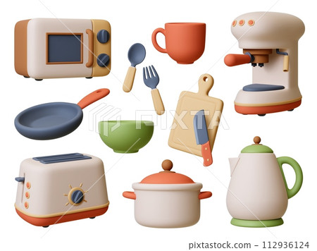 Cooking equipment 3d render. Isolated kitchen appliances and crockery. Pan, teapot, microwave and espresso coffee maker. Pithy realistic vector set 112936124