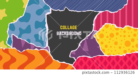 Collage background. Trendy abstract banner with colorful decorative sheets with torn edges. Scrapbook design, vintage cover neoteric vector poster Collage background. Trendy abstract banner with colorful decorative sheets with torn edges. Scrapbook design, vintage cover neoteric vector poster 112936126