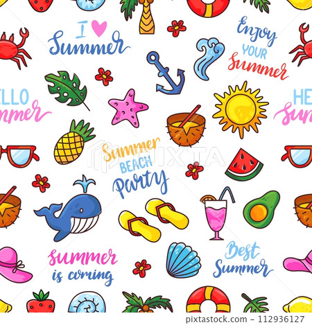 Summer doodle seamless pattern. Positive fabric print design with summertime lettering and elements. Bright beach vacation neoteric vector background Summer doodle seamless pattern. Positive fabric print design with summertime lettering and elements. Bright beach vacation neoteric vector background 112936127