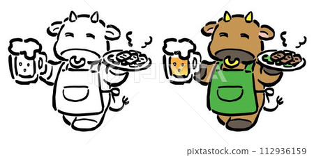 Character illustration/line drawing set of a cow clerk holding yakiniku and beer 112936159