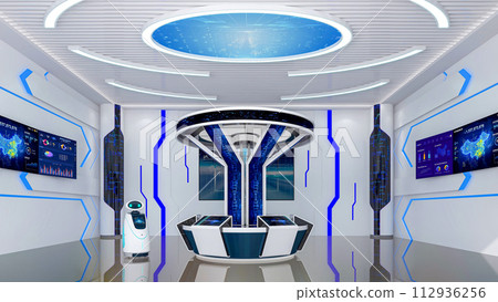 Futuristic Sci-Fi Hallway Interior with Information Desk, Smart Robot and Monitor Screen on Wall, 3D Rendering 112936256
