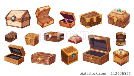AI-generated content. Wooden jewelry boxes cartoon set. Isolated wood box with beads, rings and gemstones. Female home accessories, vector design clipart 112936535