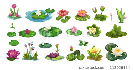 AI-generated content. Swamp plants set. Isolated cartoon water lily. Forest pond elements, wild nature green collection. Vector floral and herbst clipart AI-generated content. Swamp plants set. Isolated cartoon water lily. Forest pond elements, wild nature green collection. Vector floral and herbst clipart 112936554
