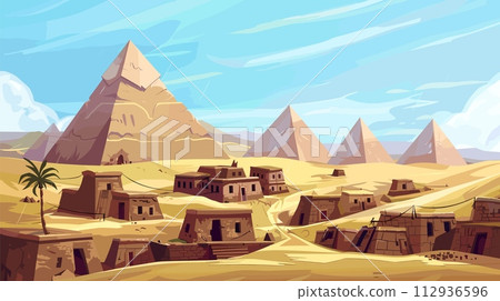 AI-generated content. Pyramids in desert illustration. Stone homes of poor people in sands. Archeology place on east region. Tombs, tourism and travel vector landscape AI-generated content. Pyramids in desert illustration. Stone homes of poor people in sands. Archeology place on east region. Tombs, tourism and travel vector landscape 112936596