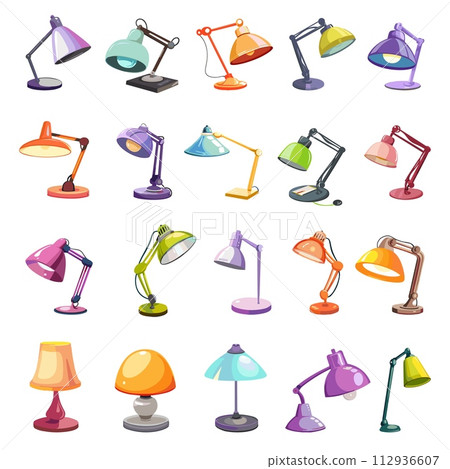 AI-generated content. Office cartoon lamps. Isolated lamp for library, class, school room. Home lightning accessories. Decorative elements, vector modern collection 112936607