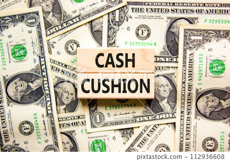 Cash cushion symbol. Concept words Cash cushion on beautiful wooden block. Beautiful background from dollar bills. Business and Cash cushion concept. Copy space. Cash cushion symbol. Concept words Cash cushion on beautiful wooden block. Beautiful background from dollar bills. Business and Cash cushion concept. Copy space. 112936608