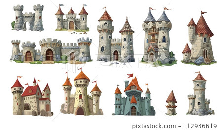 AI-generated content. Medieval stone castles and towers. Cartoon castle, old tower with stones and grass. Kingdom houses for king and queen, vector set 112936619