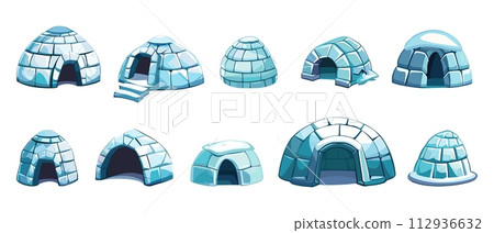 AI-generated content. Igloo collection. Cartoon ice brick houses, north pole buildings. Traditional houses of nordic people nations, isolated vector set AI-generated content. Igloo collection. Cartoon ice brick houses, north pole buildings. Traditional houses of nordic people nations, isolated vector set 112936632