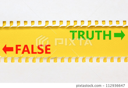 Truth or false symbol. Concept word Truth or False on beautiful yellow paper. Beautiful white paper background. Business and truth or false concept. Copy space. 112936647