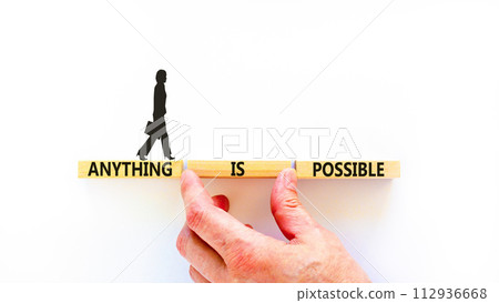 Anything is possible symbol. Concept words Anything is possible on beautiful wooden blocks. Beautiful white table white background. Businessman hand. Business anything possible concept. Copy space. Anything is possible symbol. Concept words Anything is possible on beautiful wooden blocks. Beautiful white table white background. Businessman hand. Business anything possible concept. Copy space. 112936668