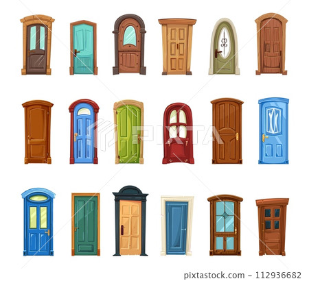 AI-generated content. Different cartoon doors. Isolated door entry, architecture decorative elements for houses and buildings. Colorful outdoor interior design, vector collection 112936682