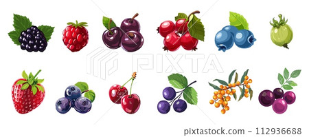 AI-generated content. Different berries set. Cartoon berry isolated on white. Strawberry, gooseberry, blackberry and sea buckthorn. Garden harvest, vector collection AI-generated content. Different berries set. Cartoon berry isolated on white. Strawberry, gooseberry, blackberry and sea buckthorn. Garden harvest, vector collection 112936688