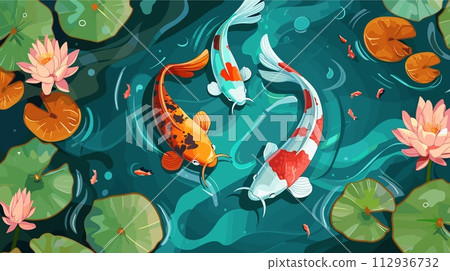 AI-generated content. Asian pond with plants, koi fish and water lily. Japanese garden top view. Flora and fauna, decorative nature lake vector illustration 112936732