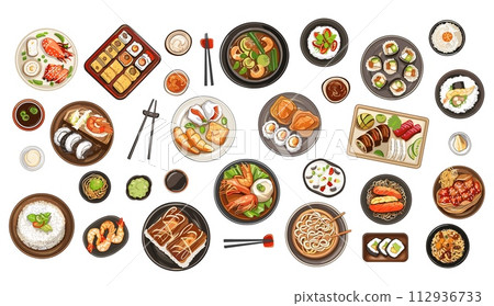 AI-generated content. Asian food top view. Isolated cartoon different east cuisine meals. Noodle, soup and sushi, vegan and dish with meat, seafood and rice. Vector set AI-generated content. Asian food top view. Isolated cartoon different east cuisine meals. Noodle, soup and sushi, vegan and dish with meat, seafood and rice. Vector set 112936733
