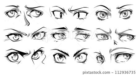 AI-generated content. Anime style emotional sight. Comic eyes, angry, happy, surprise emotions. Cartoon japanese asian comics characters, vector set AI-generated content. Anime style emotional sight. Comic eyes, angry, happy, surprise emotions. Cartoon japanese asian comics characters, vector set 112936735