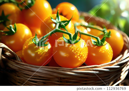 Harvest fresh yellow tomatoes, a basket full of tomatoes. 112936769