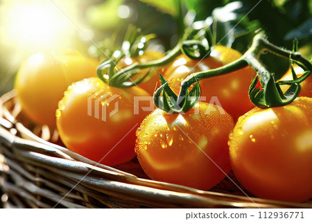 Harvest fresh yellow tomatoes, a basket full of tomatoes. 112936771