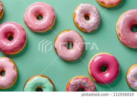 Frosted glazed donut on pastel mint green background. 112936810