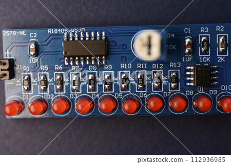 A printed circuit board with radio elements. LEDs and chips. A set for soldering an amateur radio. 112936985