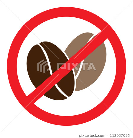 2 coffee beans under the ban thing. No caffeine Prohibition sign. Sticker Icon Pointer design idea 112937035