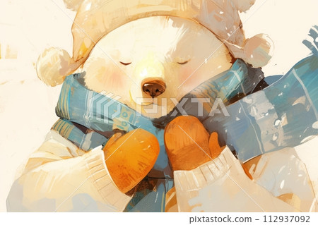 Illustration of a cute funny bear Teddy bear in a scarf in winter isolated on a light background, children's illustration for a postcard 112937092