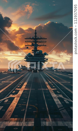 Fighter jet on the runway of an aircraft carrier in the open ocean 112937095
