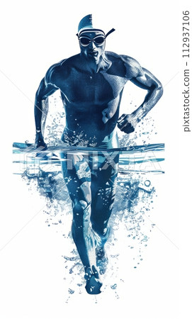 Illustration of an athlete male swimmer in the water on a white background, swimming competition 112937106