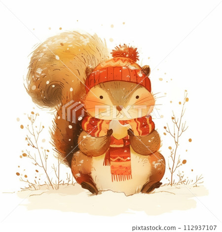 Illustration of a cute funny squirrel in a scarf in winter isolated on a light background, children's illustration for a postcard 112937107