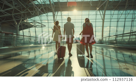 Tourists passengers with suitcases at modern airport, back view 112937116