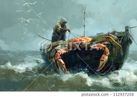 Illustration of catching crabs from a ship, close-up of large crabs 112937208
