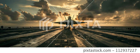 Fighter jet on the runway of an aircraft carrier in the open ocean, banner 112937227