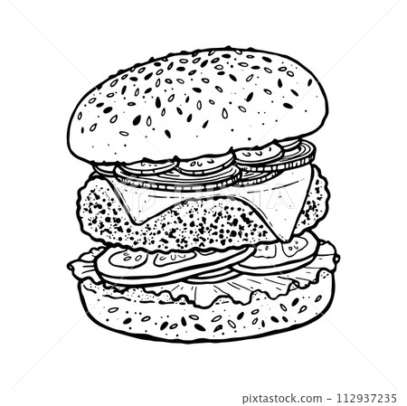 Sketchy line art illustration of hamburger Sketchy line art illustration of hamburger 112937235