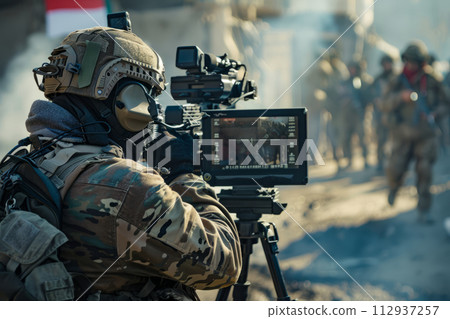 Military journalists in a combat zone at the front, dangerous journalism 112937257