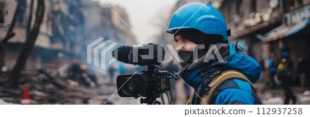 Military journalists in a combat zone at the front, dangerous journalism 112937258