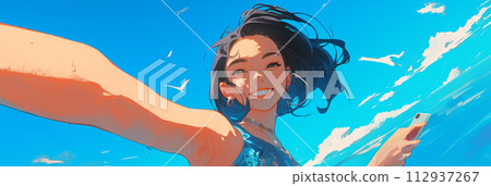Watercolor illustration of a happy young girl taking a selfie against the sea background, banner 112937267