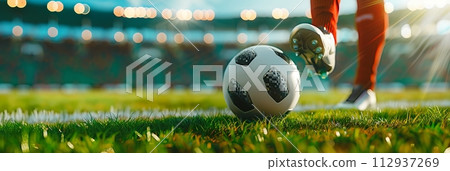 Close-up of a football player with a ball on a green football field at the stadium, a football player kicks the ball, banner 112937269