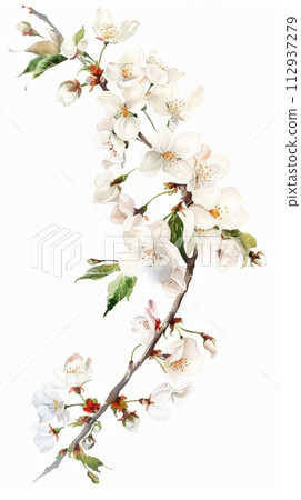 Watercolor illustration of a branch of cherry blossoms on a white background, spring flowers 112937279