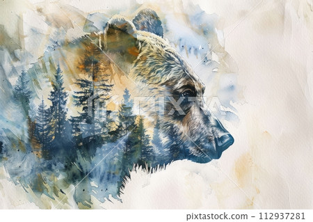 Watercolor illustration image with double exposure of the head of a forest predator bear and its forest habitat 112937281