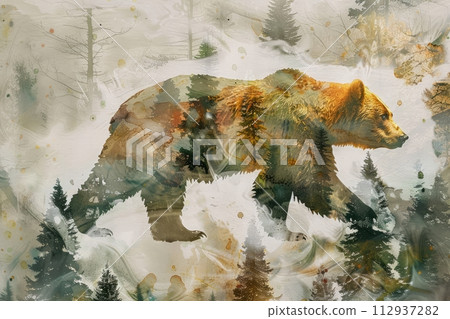 Watercolor illustration image with double exposure of a forest predator bear and its forest habitat 112937282