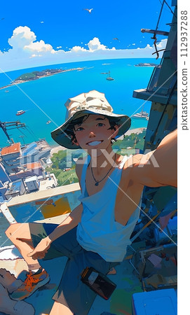 Illustration of a happy young guy taking a selfie on the background of the sea 112937288