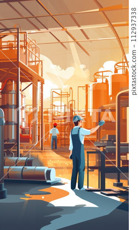Illustration of a work process in a workshop, an engineer and a worker solving production problems 112937338