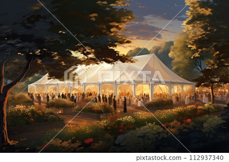 Illustration Wedding tent for a summer wedding celebration in nature, a tent surrounded by flowers in the evening light 112937340