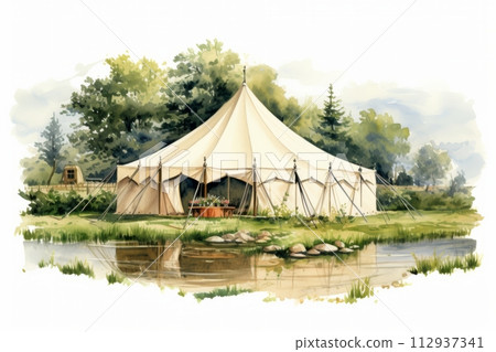 Illustration Wedding tent for a summer wedding celebration in nature, a tent surrounded by flowers 112937341