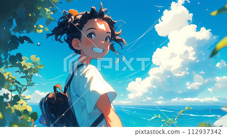 Illustration of a happy Asian girl taking selfie on sea background 112937342